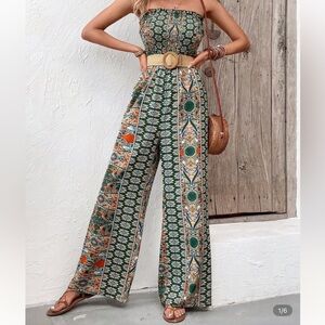 Green and Orange Strapless Wide Leg Jumpsuit